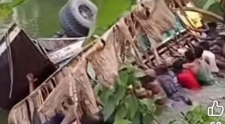 কুষ্টিয়ায় গরুবোঝাই ট্রাক পুকুরে